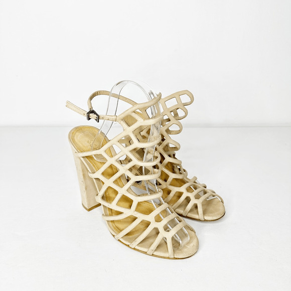 Schutz Jaden Caged Sandals Women's Block Heel Goat Taupe Leather Size US 7 - Picture 1 of 11